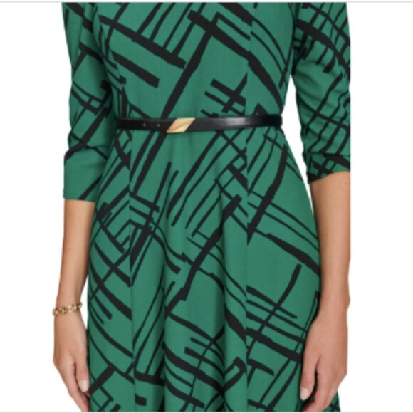 Calvin Klein Geometric Belted MIDI Women's Dress Pine Black : 10, Polyester/Span - Picture 2 of 4